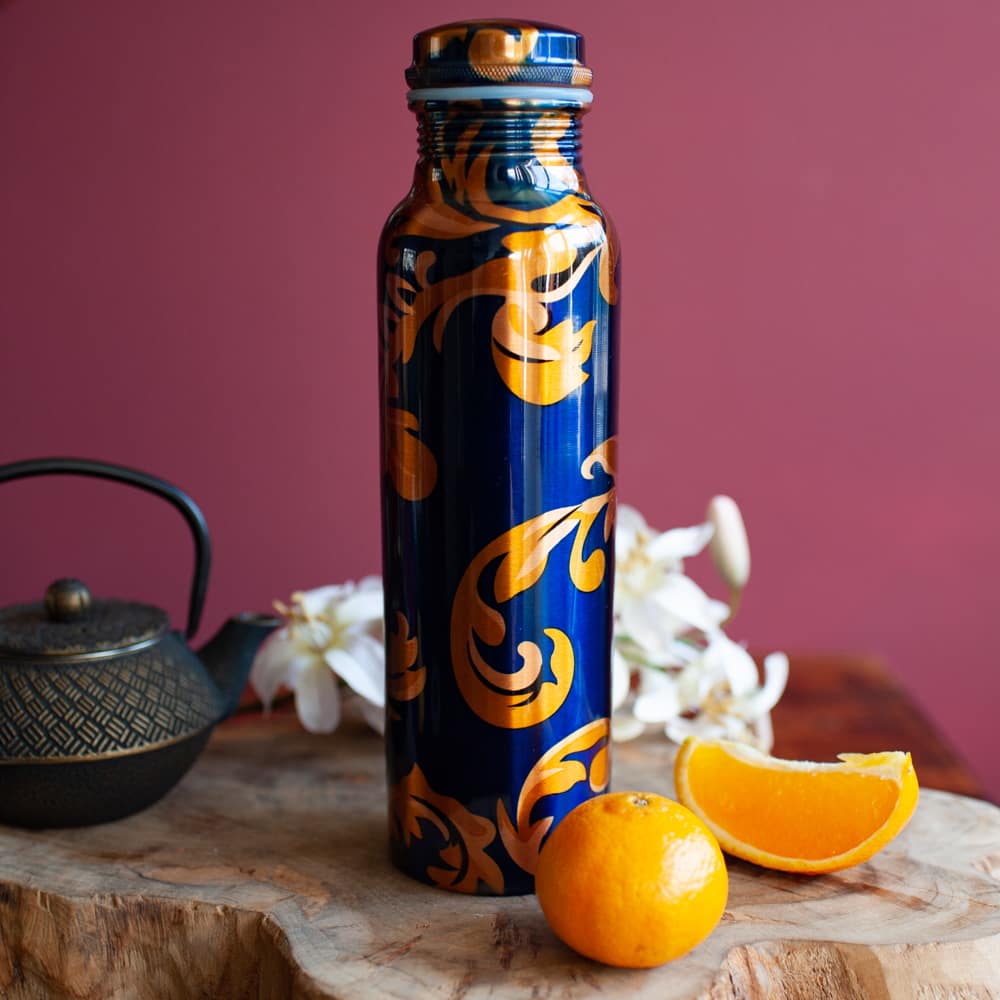 koperen waterfles sinaasappel blauw oranje spiru